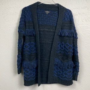 Lucky Brand Blue & Black Textured Fringe Open Front Boho Cardigan Size XS